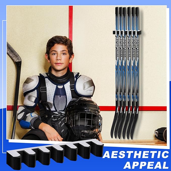 Yousoontic Hockey Stick Holder Wall Mount, 1-6 Stick Capacity, Ice and Field Hockey Organizer (Decor & Storage 2-in-1) for Home Garage Room Office Sports Decoration