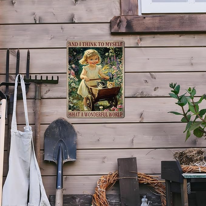 Garden Girl Metal Tin Sign Wall Art Rustic Vintage Outdoor Decor And I Think To Myself What A Wonderful World Quote 12 * 16inch