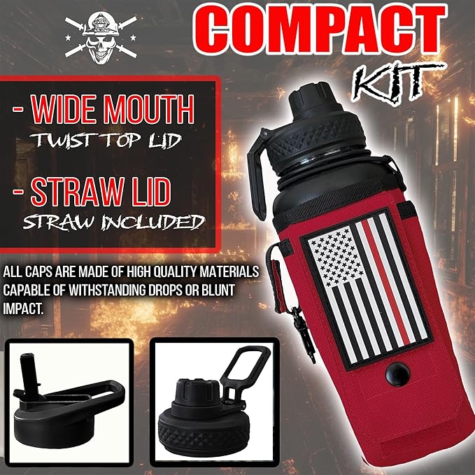 Iron Infidel Battle Bottle - 32 Oz Insulated Water Bottle with Straw Lid & Chug Cap, Stainless Steel Metal Flask Includes Rugged, Removable Sleeve for Keys, Wallet, & Phone (Thin Red Line 1 Liter)