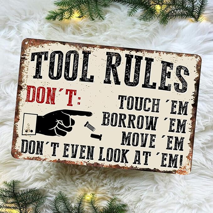 Garage Signs Metal Wall Decor - Vintage Tool Rule Metal Tin Signs for Men, Funny Shop Accessories Bar Decoration for Man Cave 8x12 Inch