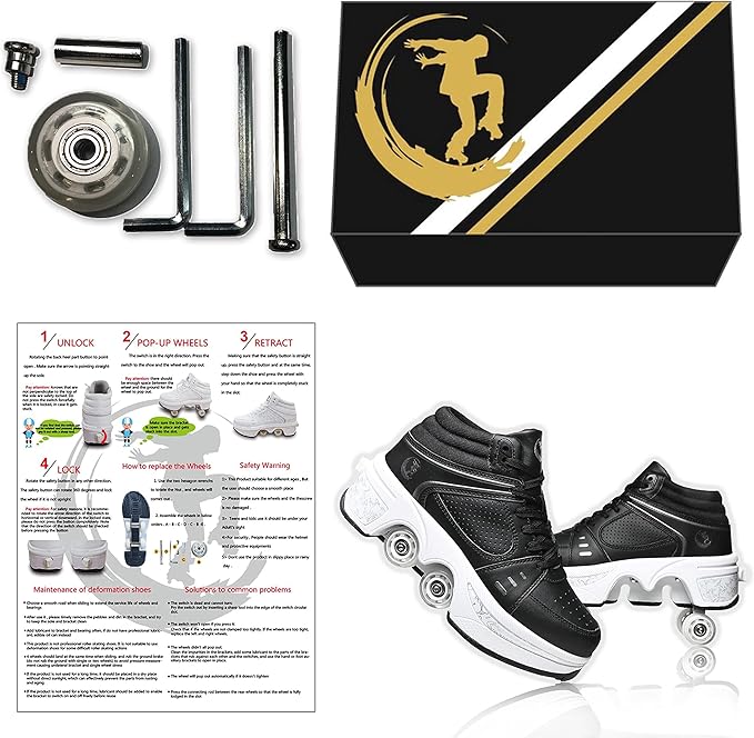 Roller Skate Shoes for Women Four Rounds Children's Roller Skates Shoes That Turn into Rollerskates Sneakers Outdoor Light Shoes with Wheels for Girls/Boys