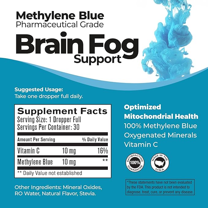 Methylene Blue Pharmaceutical Grade, USP Grade, Third-Party Tested with Vitamin C - Memory Booster - Improves Cognitive Function and Focus - Clear Thoughts and Reduced Fog - Liquid Supplement