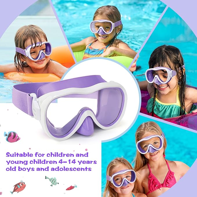 Kids Swim Goggles 180° Snorkel Diving Mask with Nose Cover, Anti-Fog Kids Swimming Goggles with Elastic Fabric Strap for Kids Boys Girls