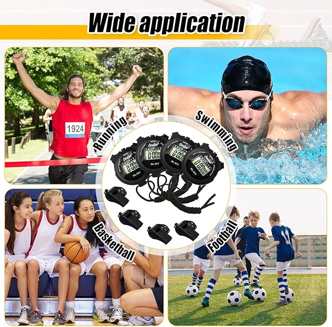 72 Pcs Digital Stopwatch Timer Plastic Whistle Bulk for Sports Coaches Referee Waterproof Watch Timer Whistle with Lanyard Multi Function Electronic Fitness Date Alarm (Black)