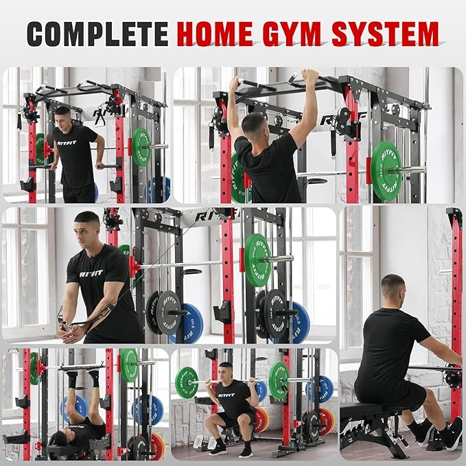 RitFit Smith Machine Power Cage with LAT Pulldown & Cable Crossover, All-in-One Power Rack Home Gym System with Leg Press Attachment & Accessories