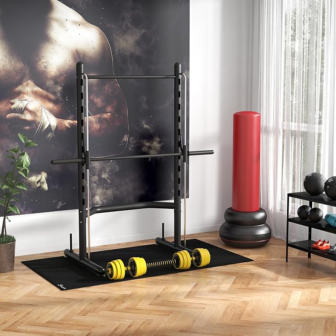 Soozier Squat Rack with Pull-Up Bar, Adjustable Power Rack with Barbell Bar, Multi-Functional Bench Press Rack for Home Gym Strength Training