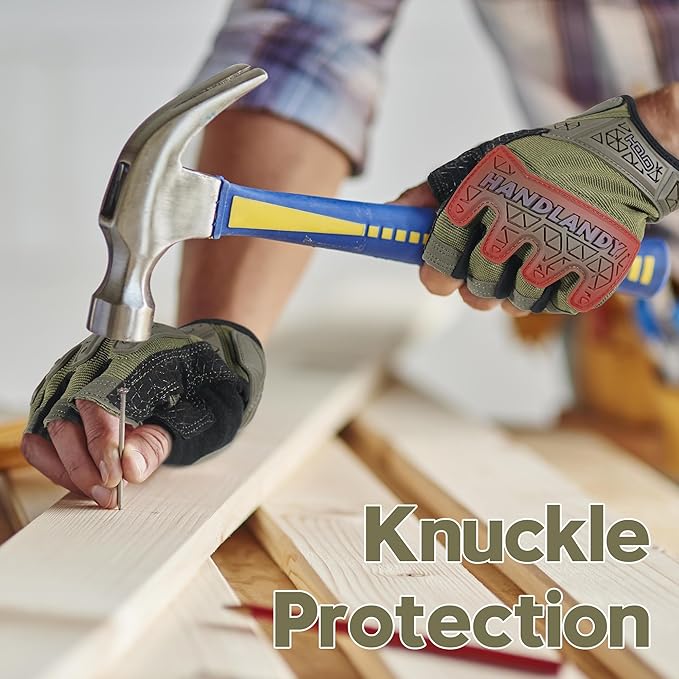 HANDLANDY Tactical Fingerless Impact Gloves for Men, Padded Grip Half Finger Work Gloves, Utility Trucker Driver Gloves (Army Green, Medium (Pack of 1))