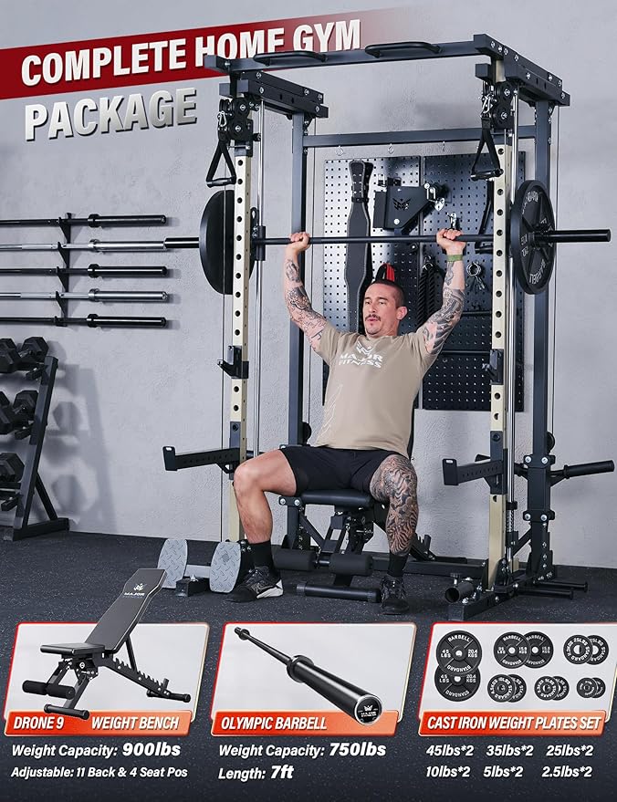 MAJOR FITNESS Drone3 Smith Machine, All-in-One Home Gym Power Rack with Cable Crossover, Pull-Up Bars, T-Bar & Squat Station, Heavy-Duty Full-Body Workout for Strength Training