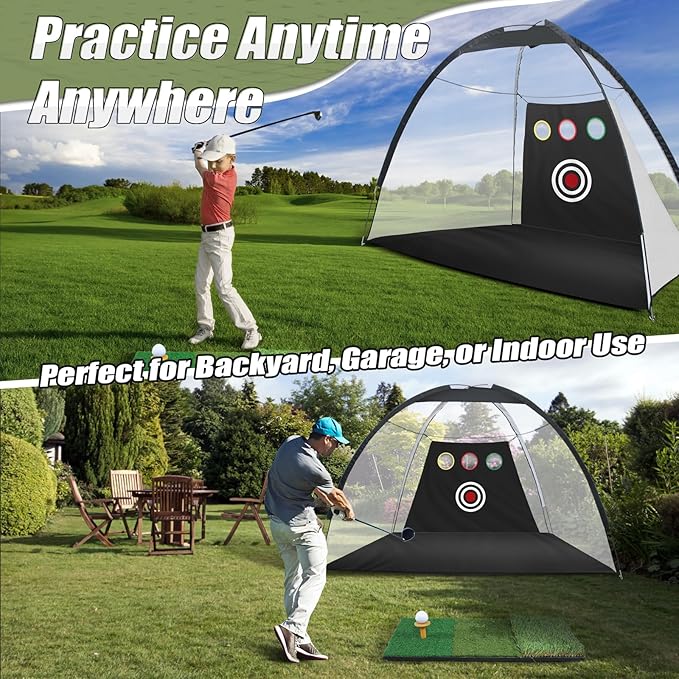 10x7FT Golf Practice Net for Backyard Indoor Outdoor Training, Golf Hitting Net with 3-Color Turf Mat, 5 Golf Balls and Tee, Perfect for Driving, Chipping and Swing Practice