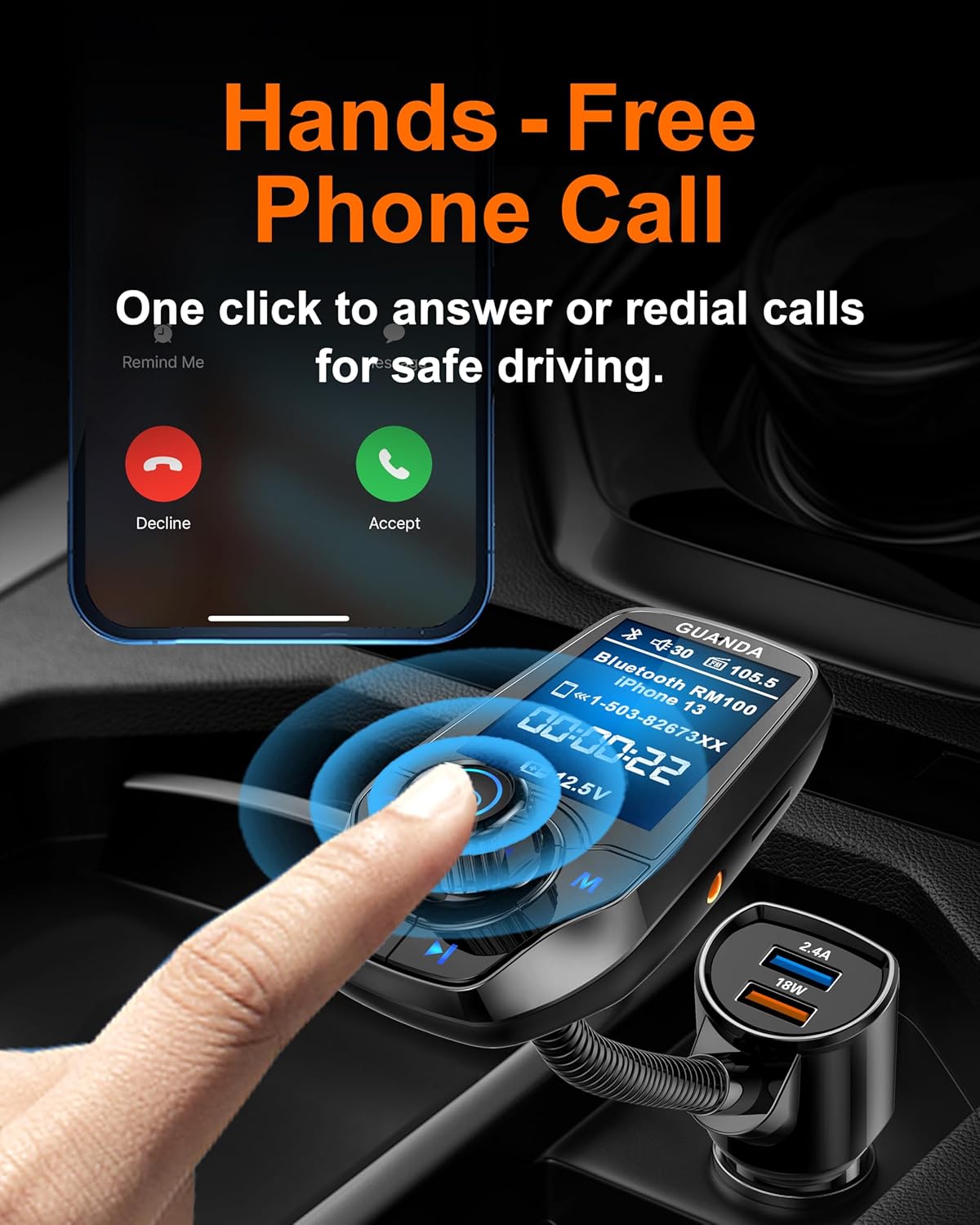 Upgraded Bluetooth FM Transmitter for Car, Wireless Radio Adapter Kit W 1.8" Color Display Hands-Free Call AUX in/Out SD/TF Card USB Fast Charge 18W for All Smartphones Audio Players - Black