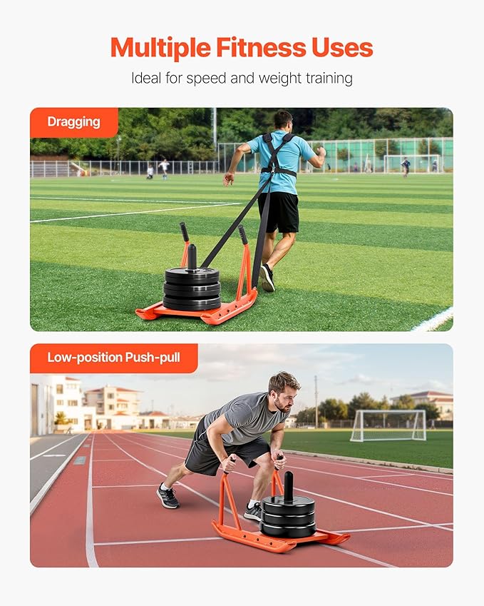 VEVOR Weight Sled, Steel Power Sled, Fitness Strength Training Sleds for Athletic Exercise Speed Improvement, Workout Fitness Equipment with Handle, Compatible with 1/2 in Weight Plates, Orange