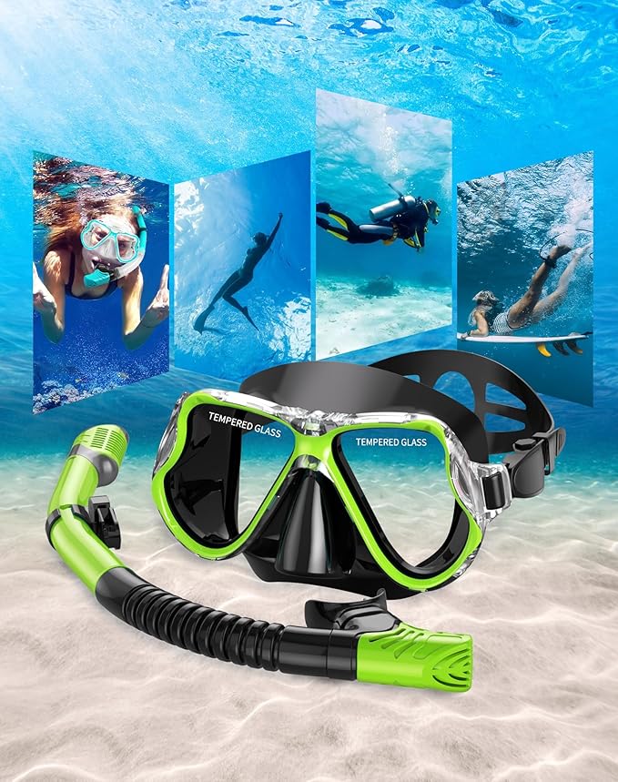 Greatever Dry Snorkel Set,Panoramic Wide View,Anti-Fog Scuba Diving Mask,Professional Snorkeling Gear
