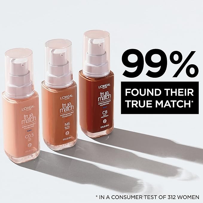 L'Oreal Paris True Match Super-Blendable Foundation, Medium Coverage Liquid Foundation Makeup, N4, Light Medium, 1 Fl Oz