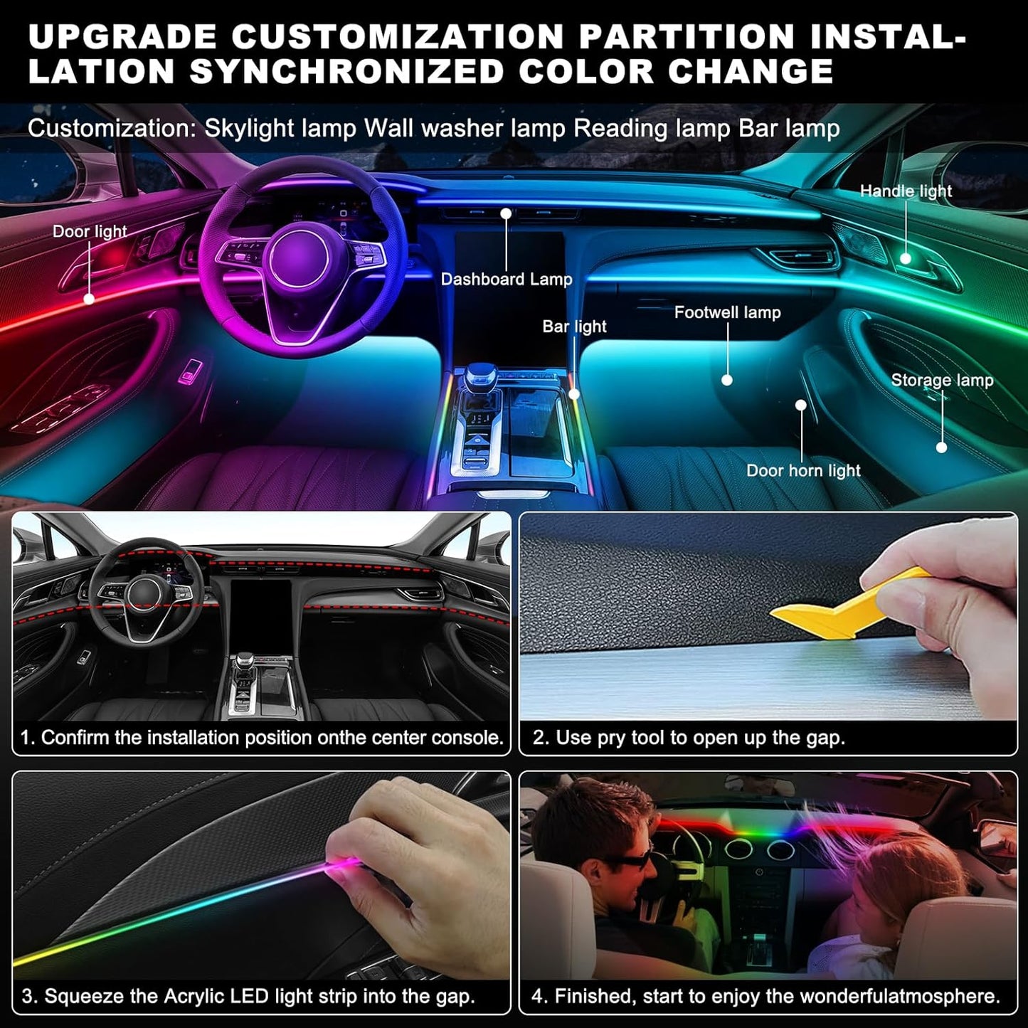 Dreamcolor Acrylic Interior Car LED Strip Light with Wireless APP, RGB 18 in 1 with 175 inches 600 LEDs Fiber Optic Car Ambient Lighting Kits, Dual Zone Sound Active Function LED Strip for Car