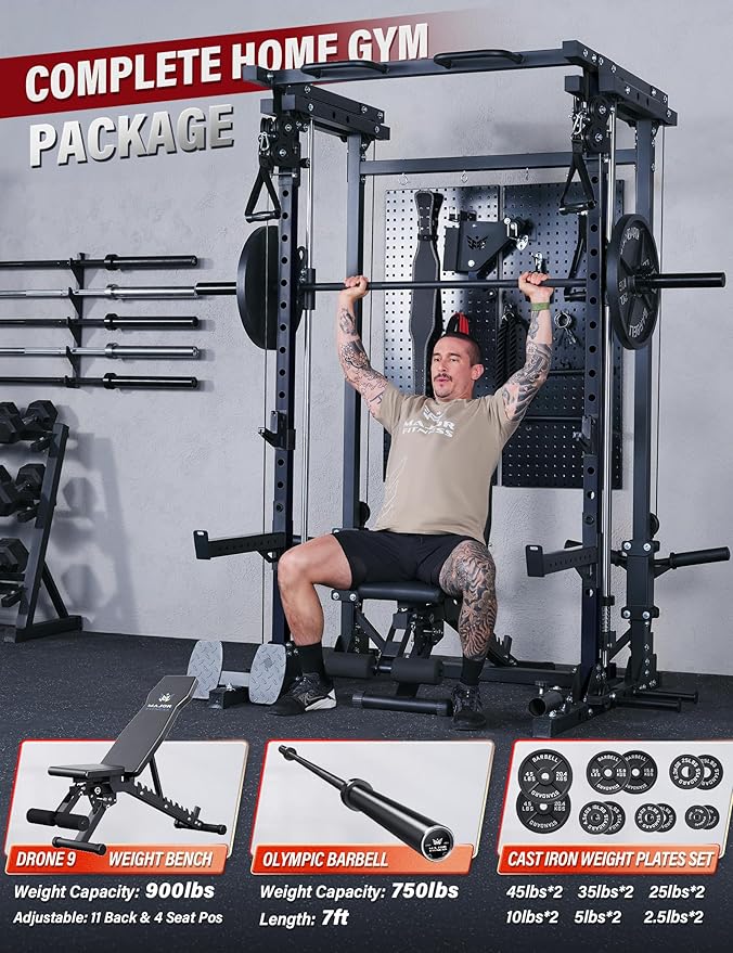 Major Fitness Drone3 Smith△ Machine – All-in-One Home Gym Squat Rack with Weight Bar, Cable Crossover Machine – Heavy-Duty Fitness Equipment for Strength Training and Full-Body Workouts