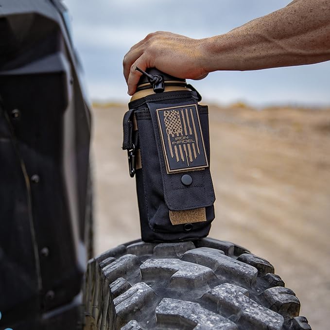 Iron Infidel Battle Bottle - 32 Oz Insulated Water Bottle with Straw Lid & Chug Cap, Stainless Steel Metal Flask Includes Rugged, Removable Sleeve for Keys, Wallet, & Phone (Brown Recluse 1 Liter)