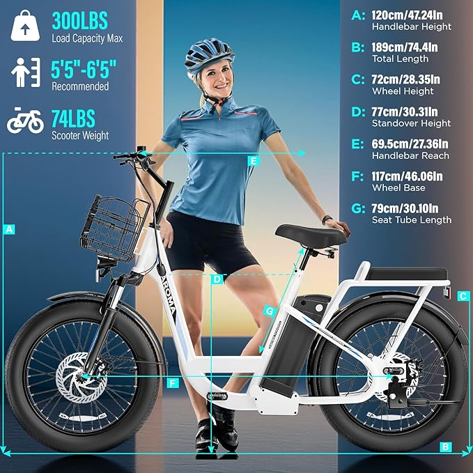 Caroma Electric Scooter with Seat, 48V Removable Battery E-Bike, Up to 30Miles&20MPH, 500/800/1200W Motor, 20" Fat Tire Adult Electric Bicycles for Commuting with Basket