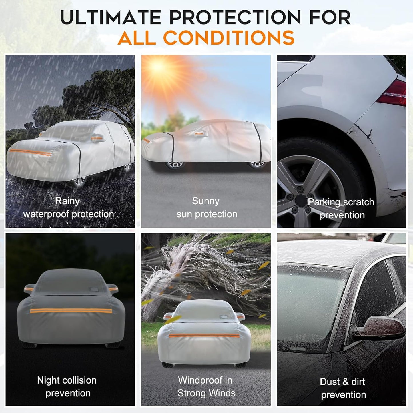 Waterproof SUV Car Cover: 6-Layer Protection from Rain, Snow, UV & Dust - Universal Fit up to 177 inches with Zipper Door & Windproof Straps for Outdoor, Garage, Travel Use, Silver