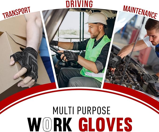 HANDLANDY Fingerless Work Gloves for Men, Padded Half Finger Tactical Mechanics Gloves, Utility Trucker Driver Gloves (Grey, Medium (Pack of 1))