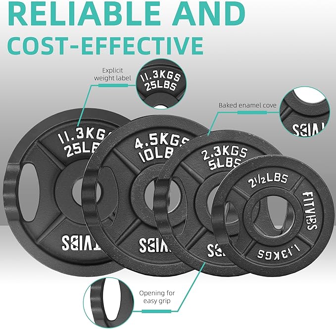 Olympic Cast Iron 2-Inch Weight Plates for Strength Training & Weightlifting, 255 Pounds Set, Multiple Packages