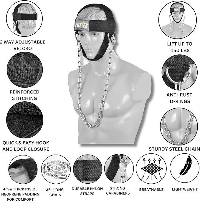 Neck Harness with Heavy-Duty Chain - Adjustable Head and Chin Straps for Neck Strength and Pain Relief
