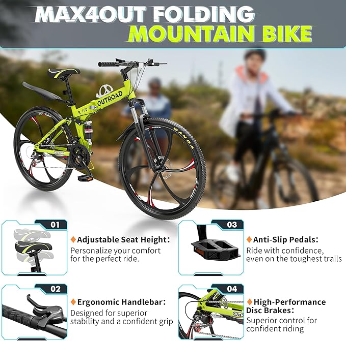 26 Inch Folding Mountain Bike, 21 Speed Full Suspension Bicycle with High-Carbon Steel, Dual Disc Brake Non-Slip Quick Release tire Folding Bicycle for Adults/Men/Women