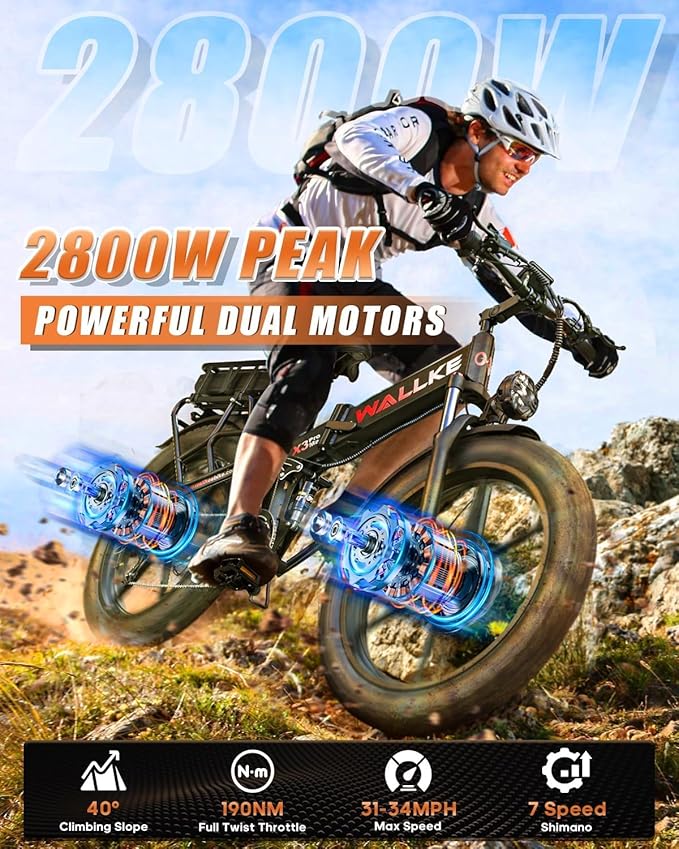 W Wallke 2025 X3 ProMax MAX Folding Dual Motor Electric Bike, 48V 44Ah/22Ah Long Range Adults Ebike, 26" Fat Tire All Terrian Full Suspension 31-34 MPH Fast E-Bike, 7-Speed Mountain e Bicycle, UL2849