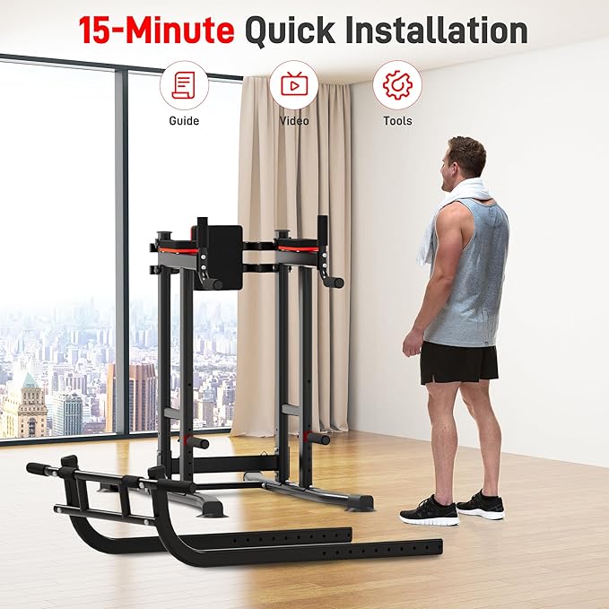 Outdoor Basic Power Tower Max Pull Up Bar and Dip Station - Heavy Duty 1600LBS Weight Capacity, Reinforced Steel Frame for Maximum Stability, Multi-Function Home Gym Equipment with Adjustable Height for Strength Training Fitness