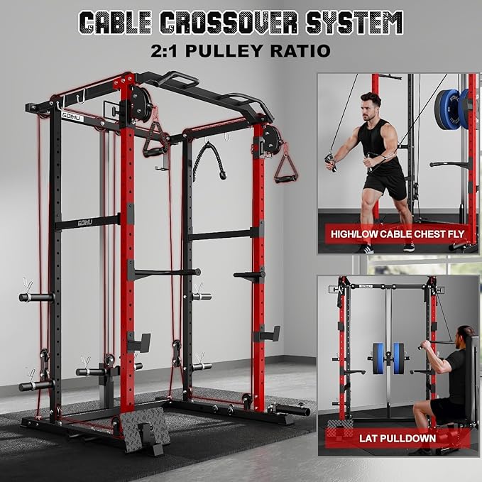R1-V4 Power Cage Rack, 2000LB Squat Rack with Cable Crossover System, Multi-Function Weight Cage, Home Gym Workout Machine with More Training Attachments