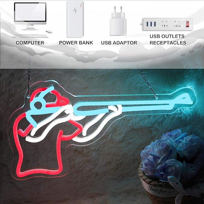 Man Shooting Neon Sign Nerf Sniper Rifle Light Up Sign Shooter Gifts Gun Player Light Sign Dimmable LED Sign for Gun Club Decor Man Cave Game Room 15.2"×9"