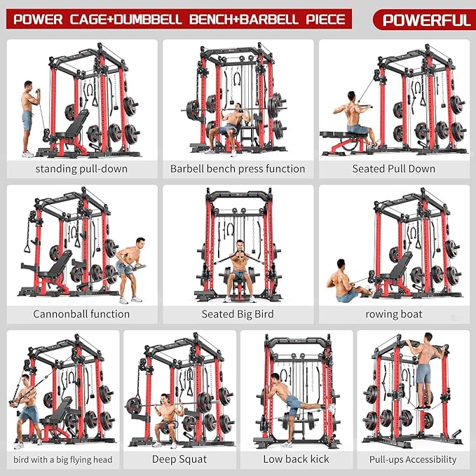 Power Rack Power Cages Multi-Function Squat Rack with Cable Crossover System Selectable More Training Attachment Weight Cage for Garage Home Gym
