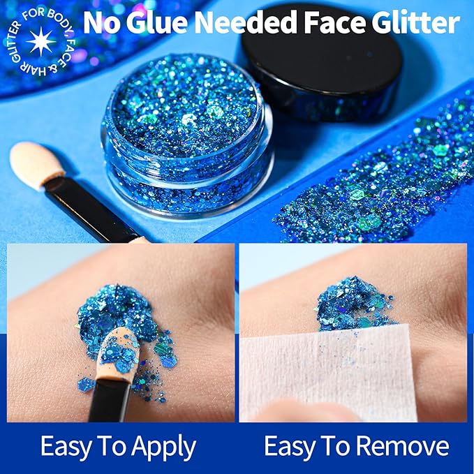 Teenitor Face Glitter, 2pcs Blue Body Glitter Gel, 20g/0.7oz Makeup Glitter for Face, Body, Eye, Hair Glitter Gel, Blue Glitter in 2 Sizes
