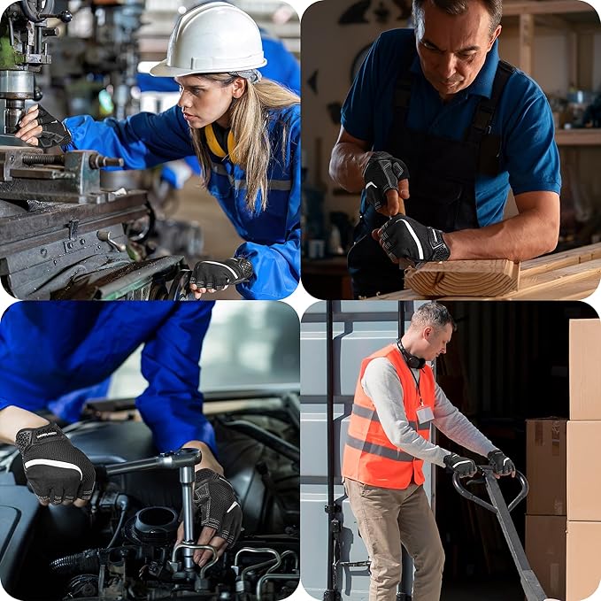 HANDLANDY Fingerless Work Gloves for Men, Half Finger Working Glove Grip Shock-Absorbing Breathable Uwrist TPR Anti-collision Gloves for Mens & Women (Black, M)