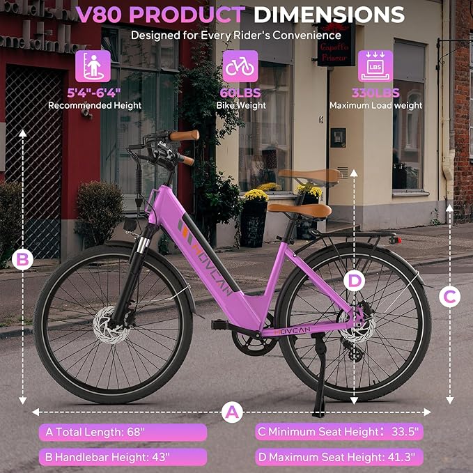 V80 Electric Bike, 1000W Motor 28MPH Ebike, 48V 13Ah Removeable Battery, 26'' City Cruiser Adult Electric Bicycles up to 70 Miles