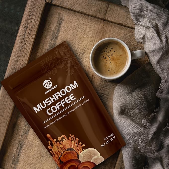 GANOHERB Instant Mushroom Coffee Powder, Arabica Coffee Mix with 5 Adaptogen Mushrooms, Lions Mane, Reishi, Chaga, Cordyceps, Shiitake and MCT Oil for Energy and Focus, 6.35oz, 30 Servings