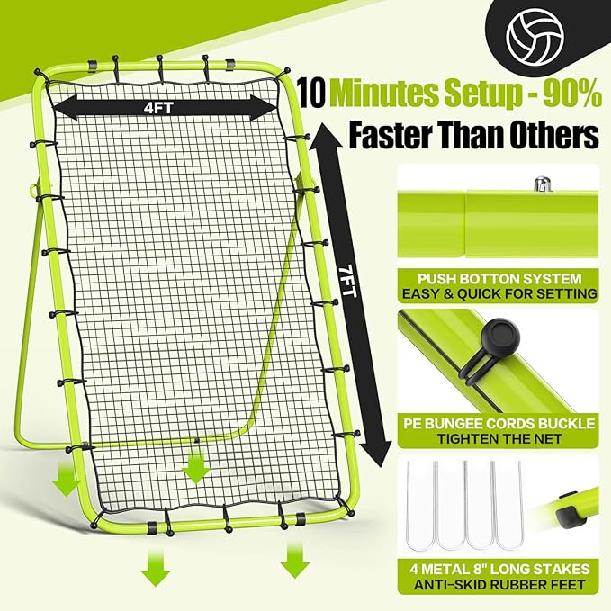 Volleyball Rebounder Net 7x4 Ft, 5-Angle Adjustable Rebounder Net for Practicing Digging, Setting, Spiking, Bounce Back Training Equipment with 2 Target Stripes & Portable Travel Bag for Storage