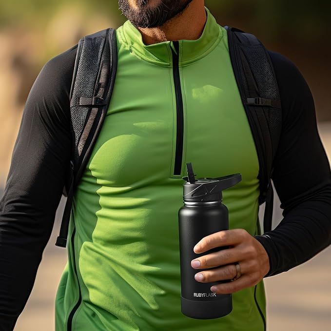 32oz Insulated Water Bottle with Straw, Stainless Steel Metal Vacuum Water Flask, Large Thermal Water bottle with Leakproof 3 Lids for Travel, Camping, Gym Sports Red