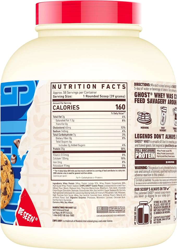 GHOST Whey Protein Powder, Chips Ahoy! - 5LB, 25G of Protein - Chocolate Chip Cookie Flavored Isolate, Concentrate & Hydrolyzed Whey Protein Blend
