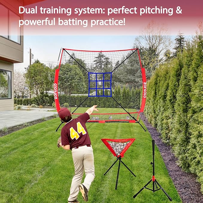6x6ft Portable Baseball & Softball Net for Hitting,Pitching, Batting and Throwing, with Sturdy Bow Frame,Batting Tee, Ball Caddy and Strike Zone, Middel Size, Great for Kids!