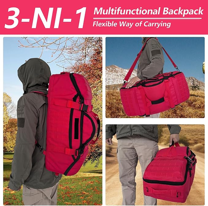 65L Large Duffle Bag, 3-in-1 Tactical Backpack MOLLE Pack for Sports, Gym, Outdoor, Red