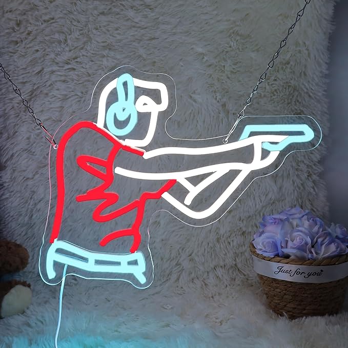 Man Shooting Neon Sign Gun Led Light Up Sign Game Player Gifts Dimmable Shooting Decor for Gun Club Decor Man Cave Game Room 15"×11.9"