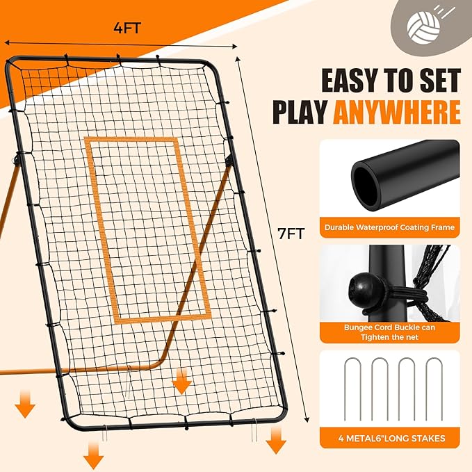 Volleyball Rebounder Net,Portable 7x4 ft Training Equipment for Spike and Smash Practice - 5 Rebound Angles Custom Target Area for Volleyball Sports Training