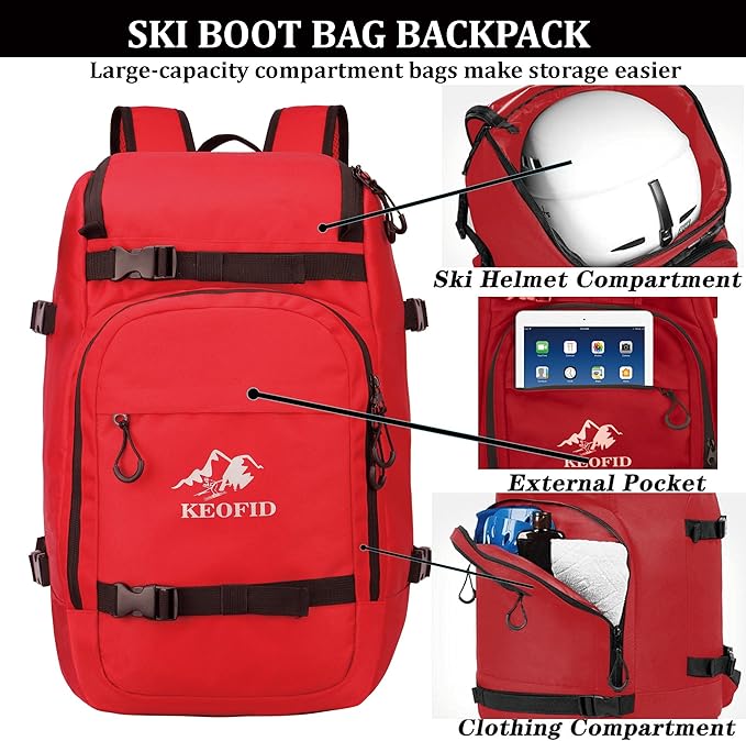 KEOFID 50L Ski Boot Bag Backpack, Waterproof Ski Bag, Travel Backpack for Ski Helmet, Snowboard
