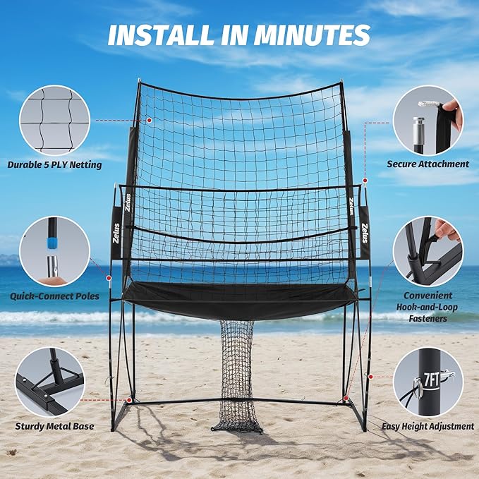 ZELUS Volleyball Training Equipment, 11x8 ft Volleyball Practice Net Station with Adjustable Height & Ball Return