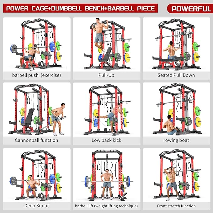 Power Cage,1600lbs Multi-Function Power Rack with Adjustable Cable Crossover System and More Training Attachment, Weight Cage for Home Gym