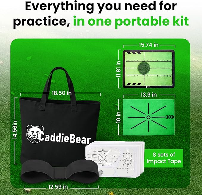 5-in-1 Golf Hitting Mat Set - Golf Training Aid with Path Feedback mat with Turf Patch, Replaceable mat, Impact Tape, Swing Arm Band & Carry Bag - Indoor & Outdoor Golf Mat for Practice