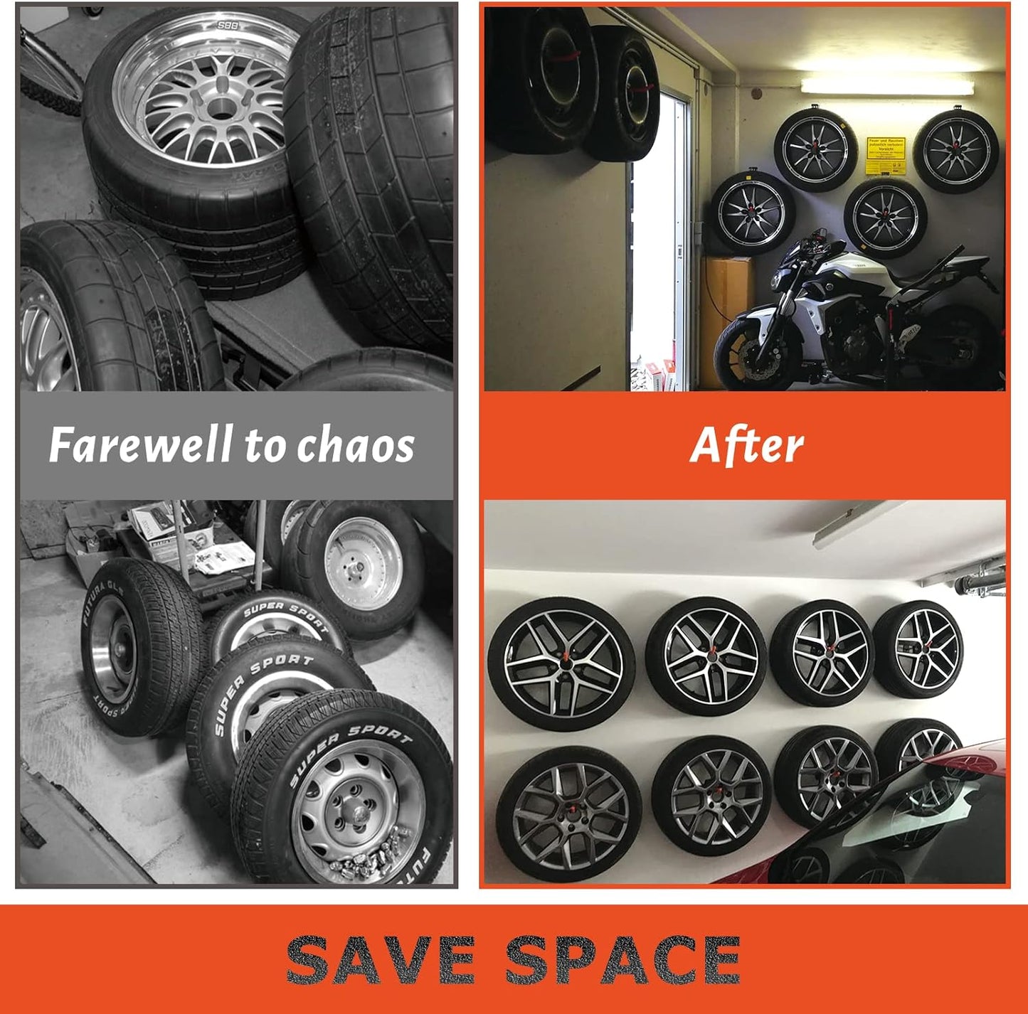 8 Pack Tire Storage Rack Wall Mount, 10in Large Garage Hooks Heavy Duty, Tire Hooks for Garage Wall, Wheel Hanger for Organizing Ladder, Folding Chairs (88lbs)