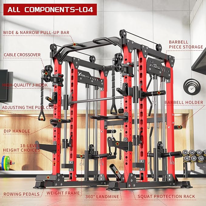 Smith Machine with Cable Crossover System, Multi-Function Power Cage Squat Rack for Home Gym, Power Rack and Packages Weight Sets.