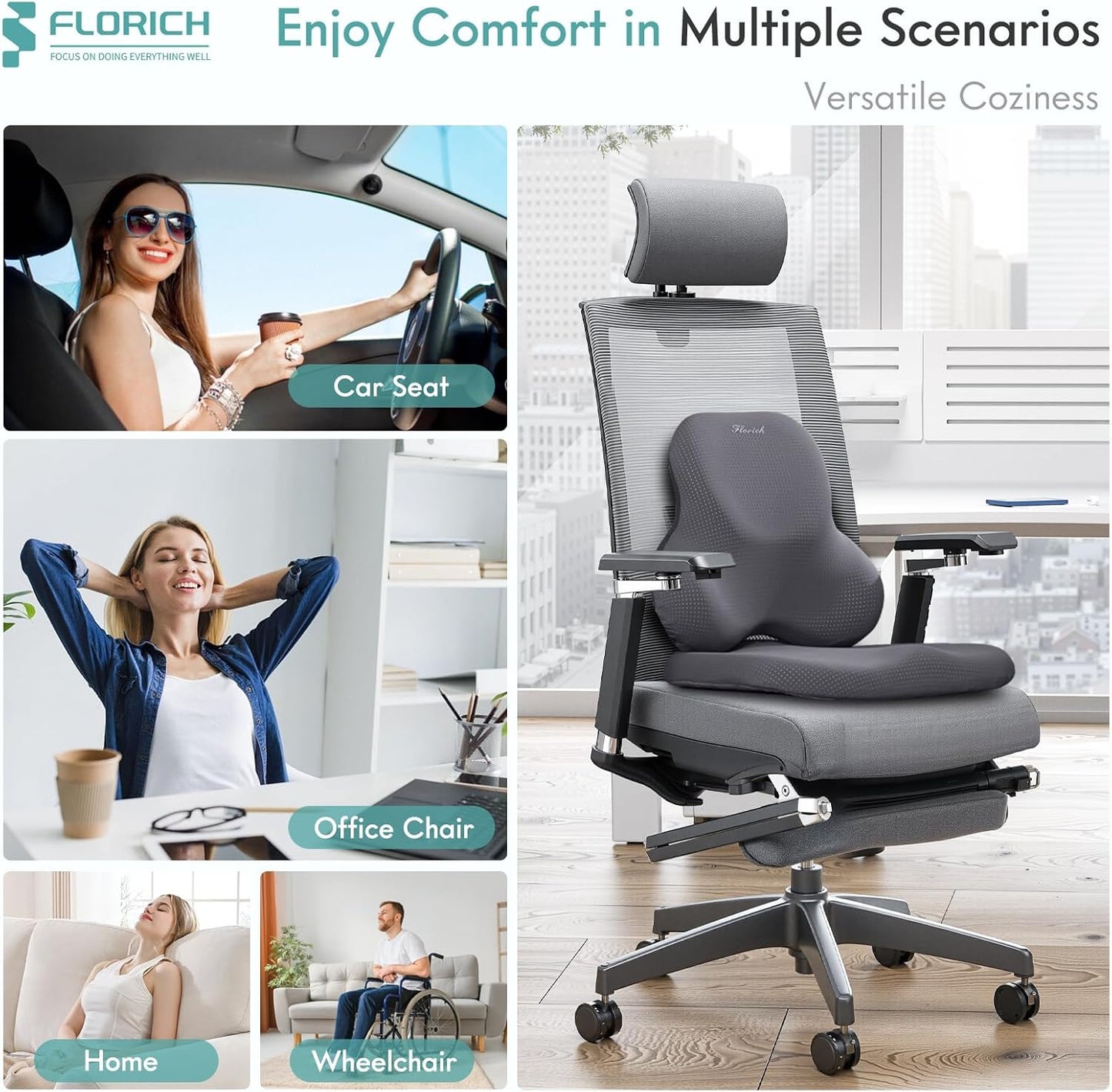 FLORICH Car Seat Cushion and Lumbar Support Pillow for Office Chair Car, Ergonomic Memory Foam, Relieves Back Sciatica Pain, Pressure-Relieving Back Support for Car, Office Chair & Wheelchair – Gray