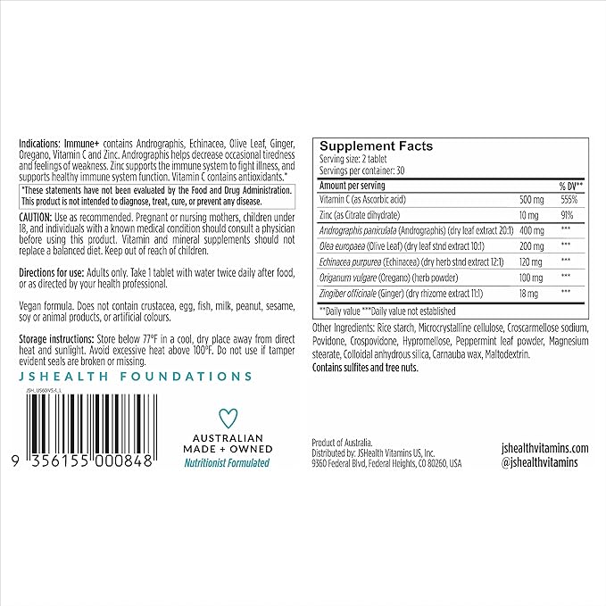 JSHealth Vitamins Immune + Immunity Booster Supplement with Zinc Vitamin C Echinacea and Olive Leaf Antioxidants (60 Tablets)